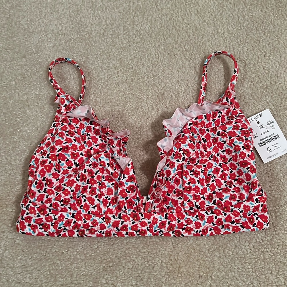 J. Crew Ruffle French red floral bikini swim top size XS